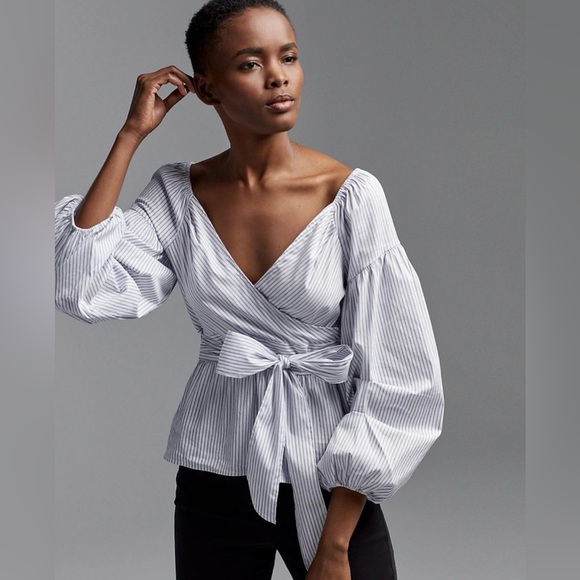 Tops - NWT Express Blouse Womens Blue Striped Off The Shoulder Puff Sleeve Surplice M